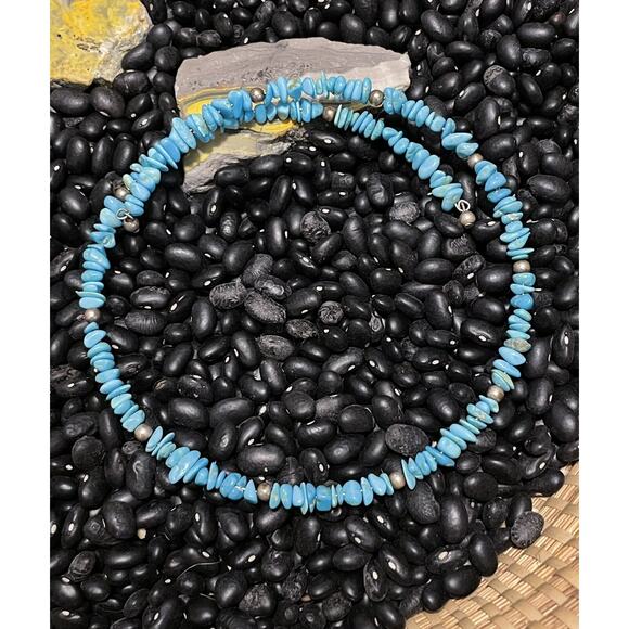 Native American Jewelry - Native American Sterling Navajo Pearl & Blue Turquoise Chip Choker Wrap Necklace